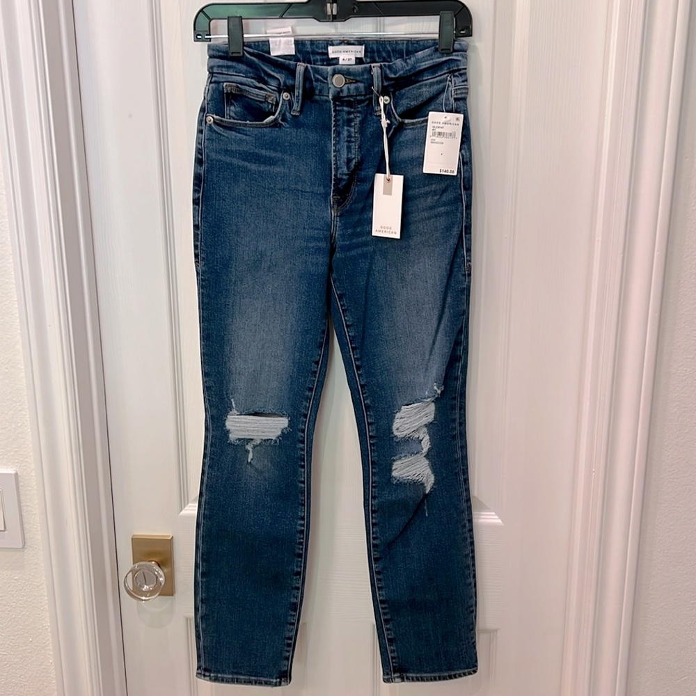 NEW GOOD AMERICAN GOOD LEGS STRAIGHT CROPPED DISTRESSED JEANS 27 (4) BLUE - Picture 2 of 11